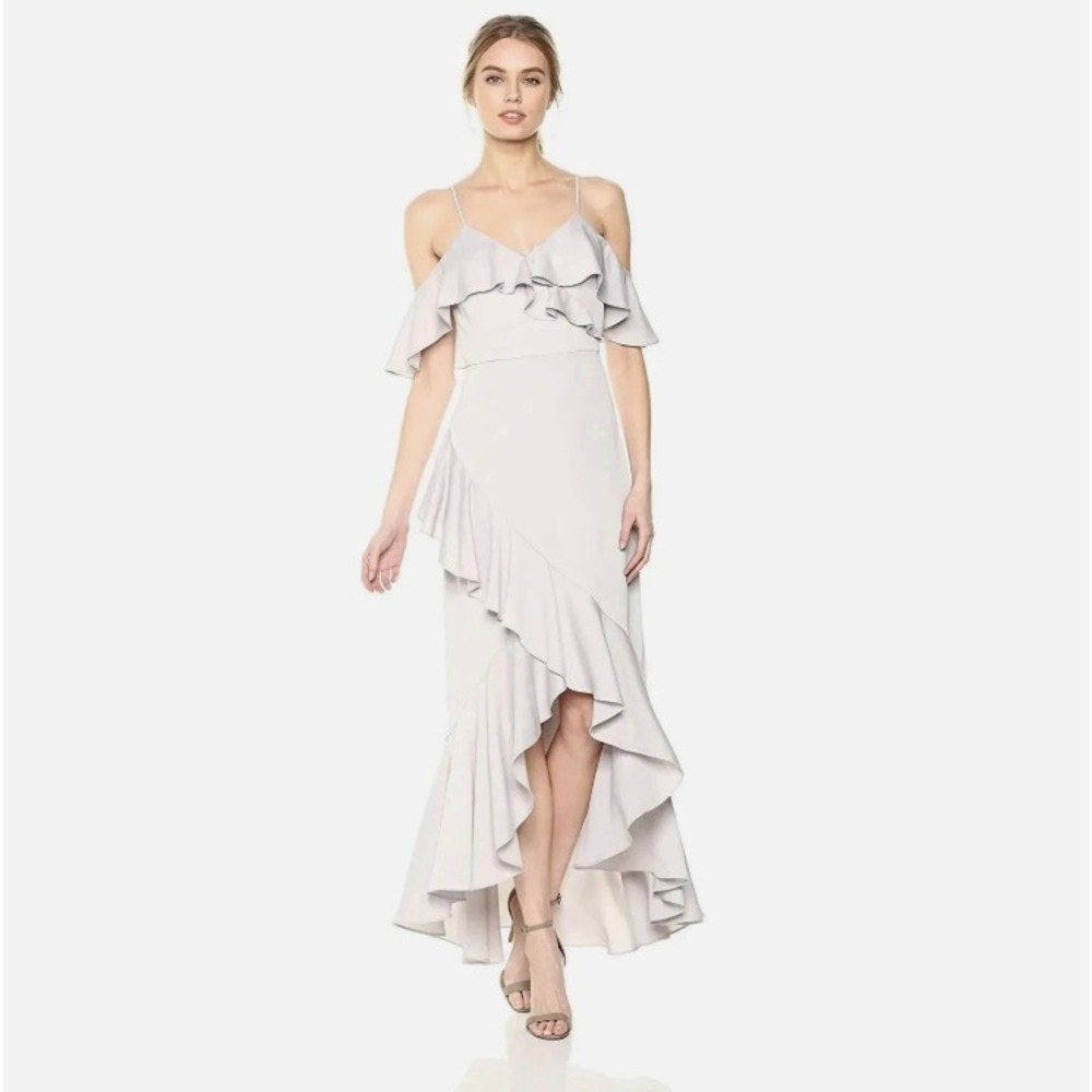 NWT Nicole Miller Ruffle Gown Silver Gray High Low Maxi Dress Size 8